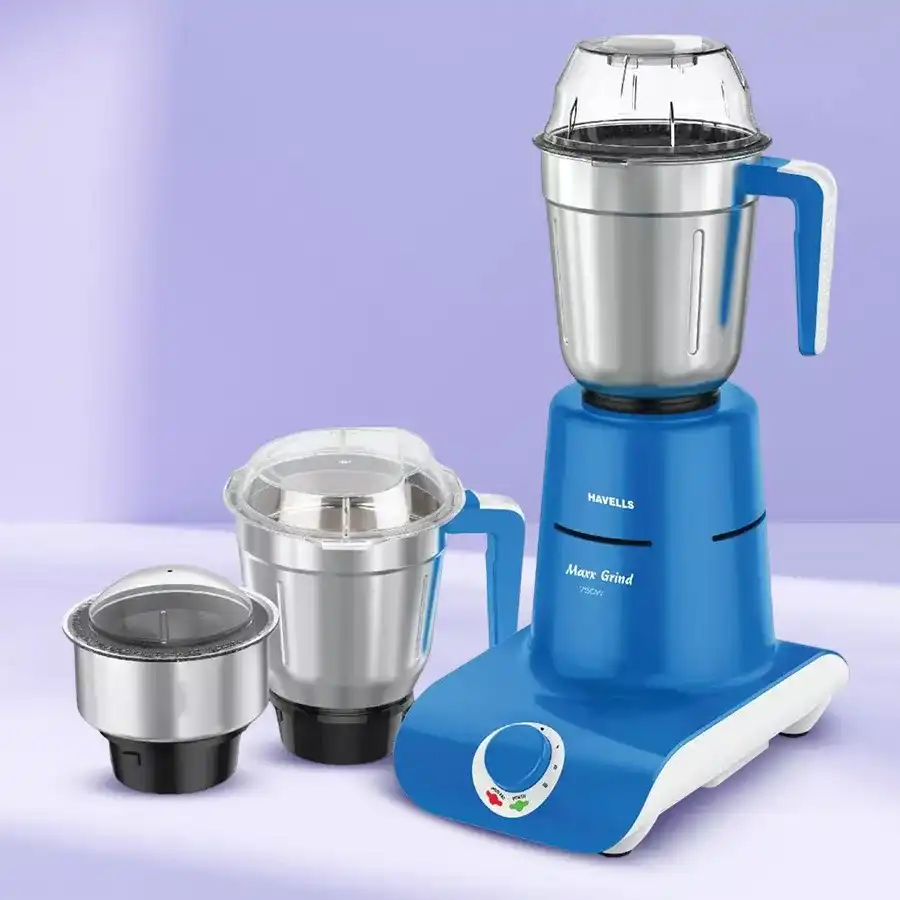 Havells Blue Mixer Grinder with overload indicator, featuring three stainless steel jars and a stylish design.