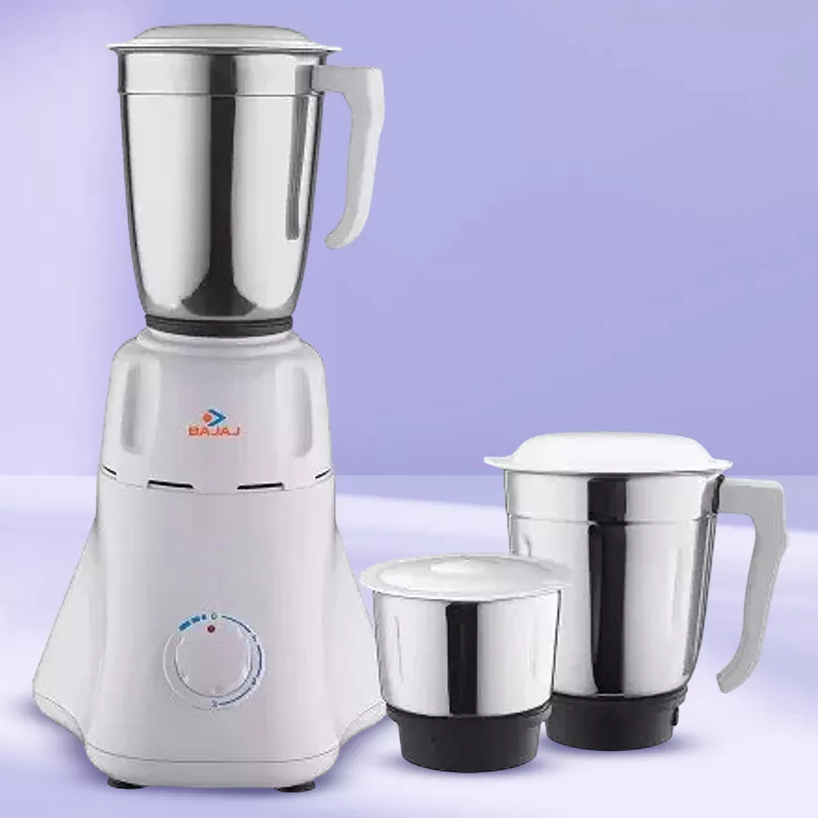 Bajaj White Mixer Grinder with three jars, perfect for blending and cooking essentials.