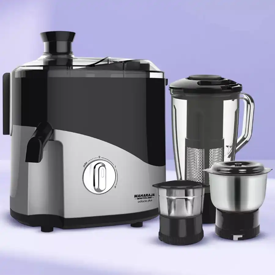 Elegant Maharaja Whiteline 3-Jar Juicer Mixer Grinder in Black and Silver, featuring three jars for versatile kitchen use.