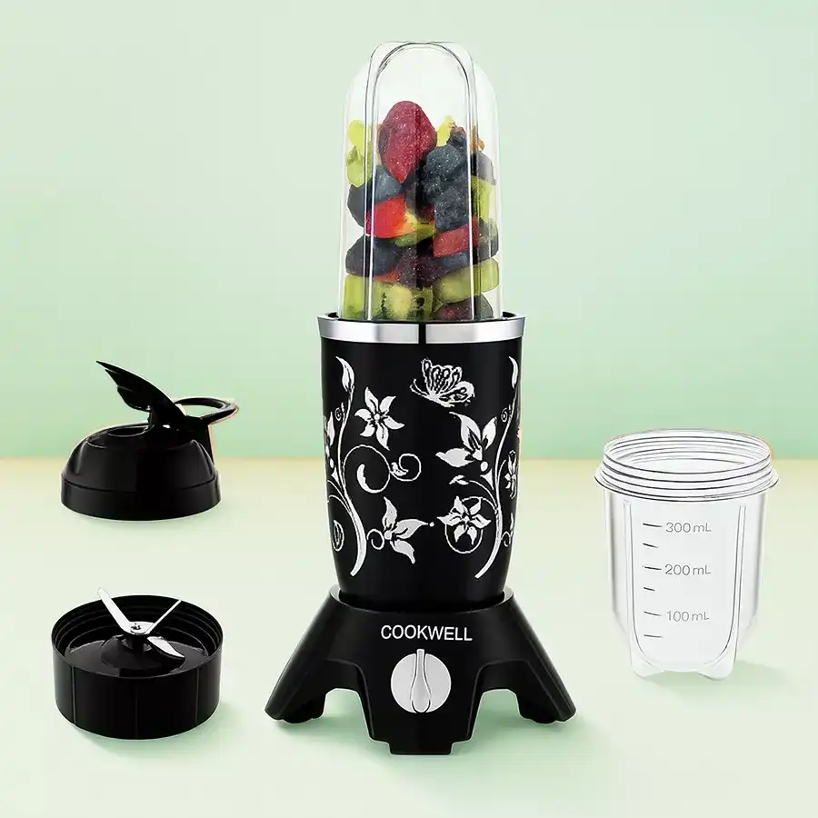 Classy COOKWELL Bullet Mixer Grinder in black, 600 watts, stylish and durable for everyday use.