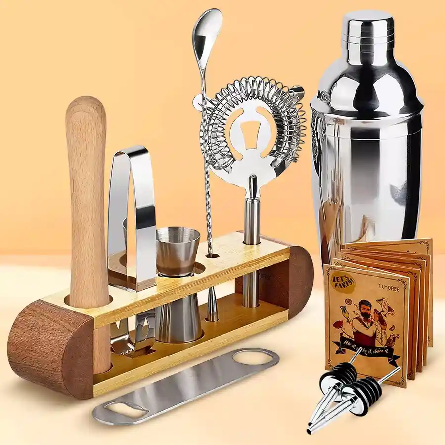 11-piece stylish bar tool set with bamboo-walnut stand and stainless steel tools for cocktail making.