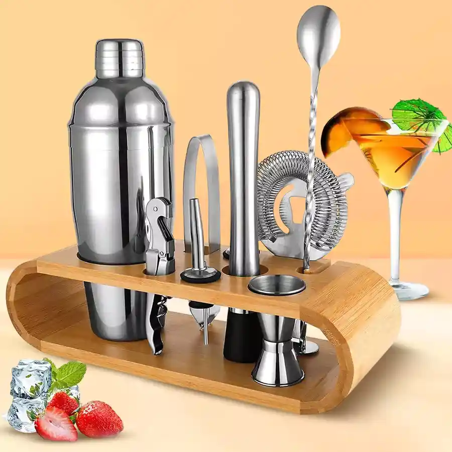 Stylish Home Bartending Kit featuring a bamboo stand and essential tools for cocktail making.