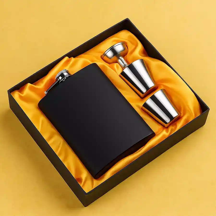 Designer Stainless Steel Hip Flask Set with funnel and shot glasses in matte black finish.