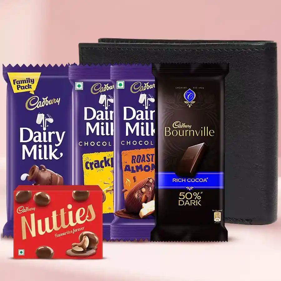 Elegant men's leather wallet set with assorted Cadbury chocolates, perfect for gifting.