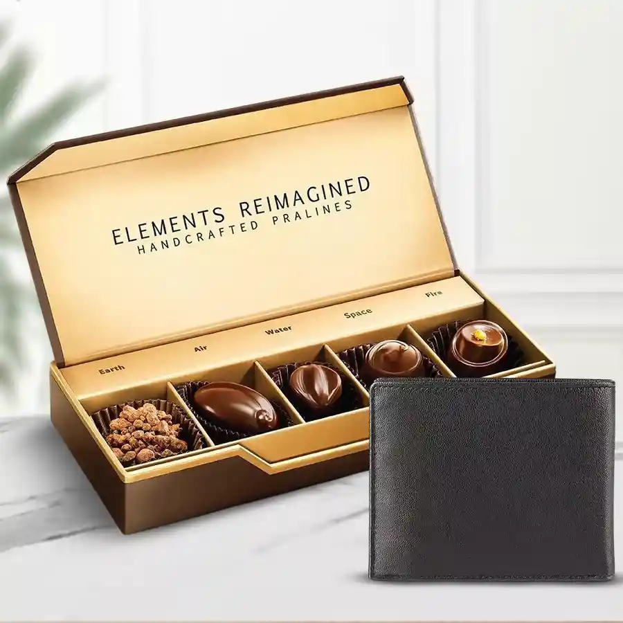 Elegant black leather wallet for men with gourmet chocolates included.