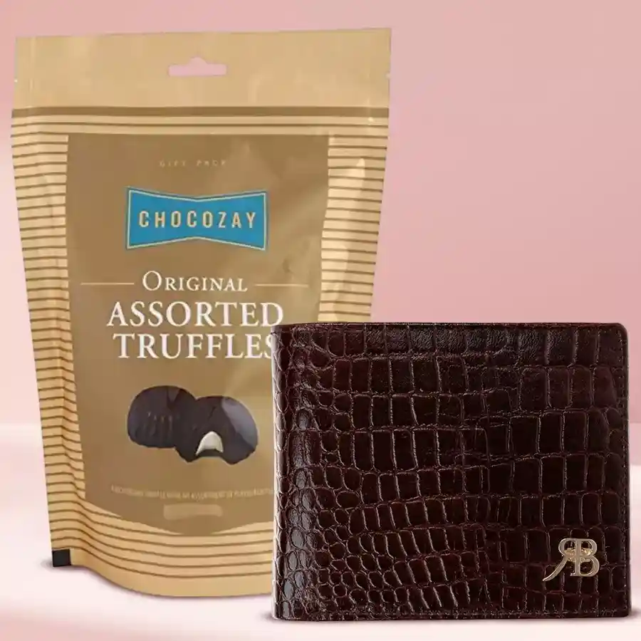 Rich Borns gents leather wallet with assorted truffle chocolates gift set.