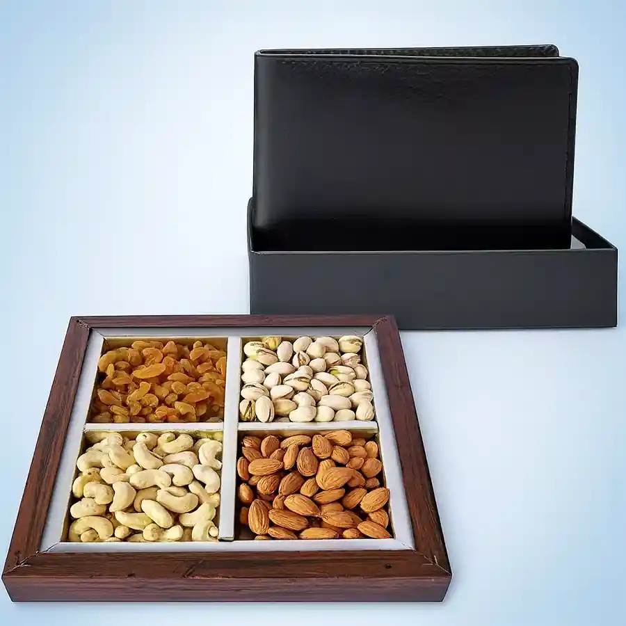 Luxurious leather wallet paired with premium dry fruits including cashews, almonds, pistachios, and raisins. Perfect gift combo for any gentleman.