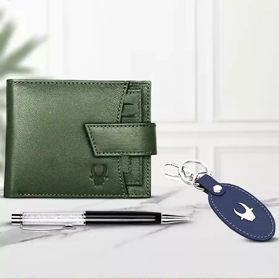 Stylish WildHorn Leather Wallet Set with Keychain and Pen