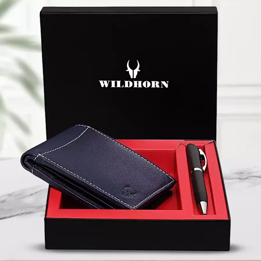 Elegant leather wallet and pen gift set by WildHorn in blue, beautifully packaged for gifting.