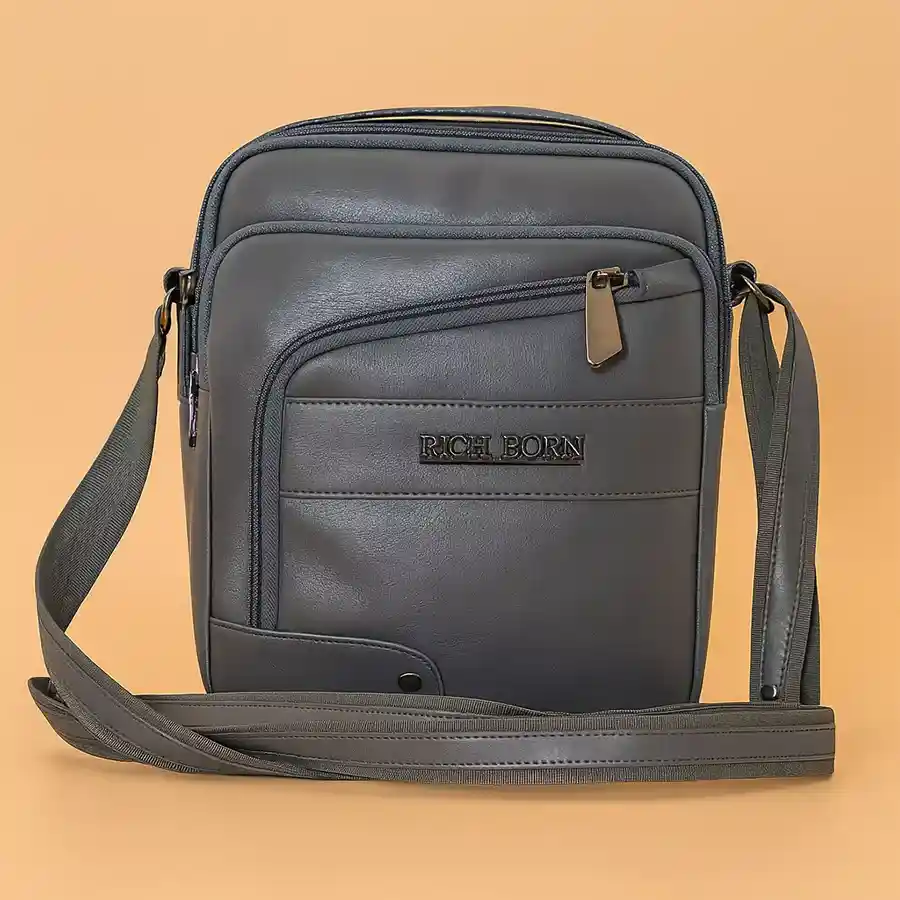 Stylish Multi-Pocket Men's Sling Bag in grey PU leather by Richborn.