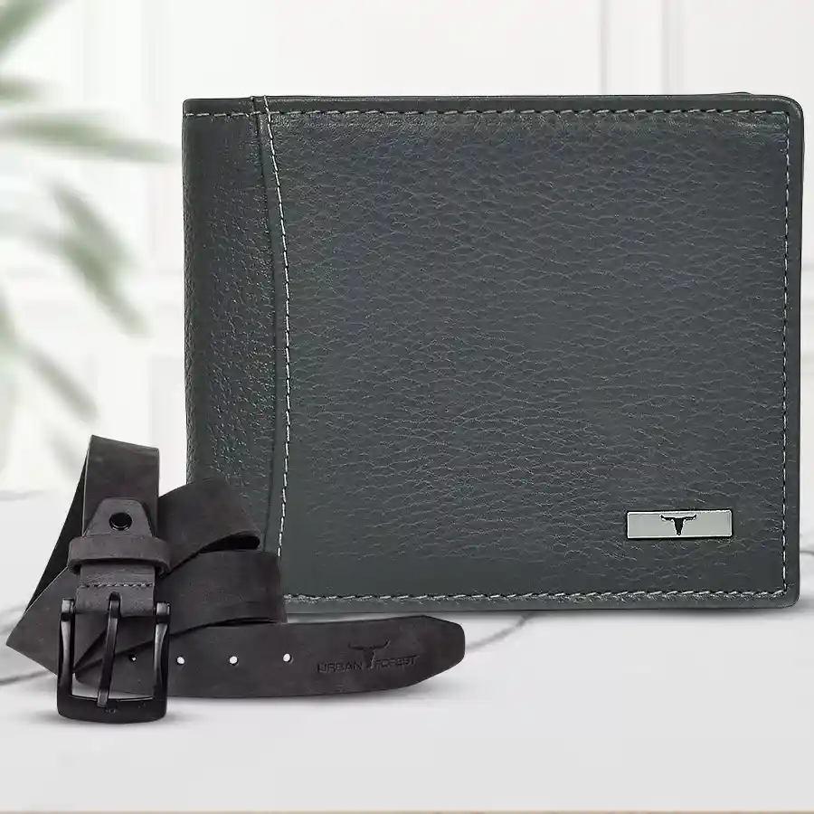 Stylish leather wallet and casual belt combo gift set for men.