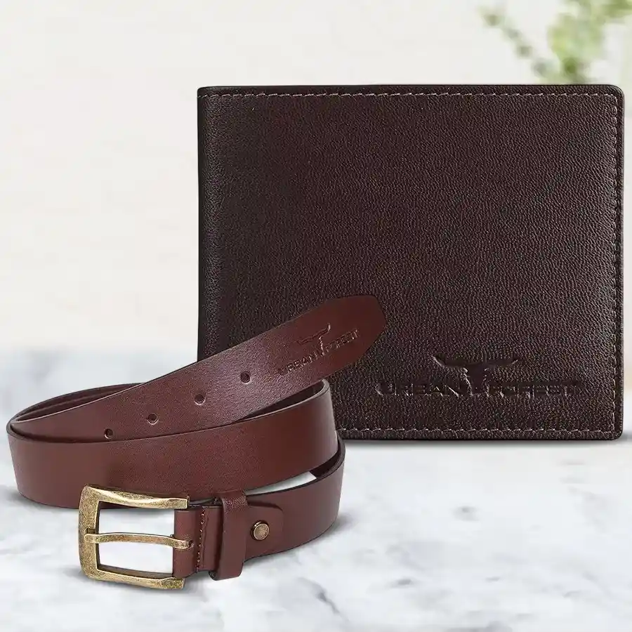 Urban Forest Leather Wallet and Belt Combo in brown.