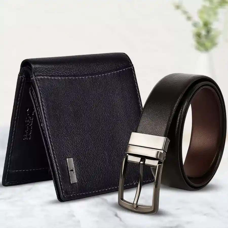 Stylish Urban Forest Leather Wallet and Reversible Belt Set in vintage brown and black.