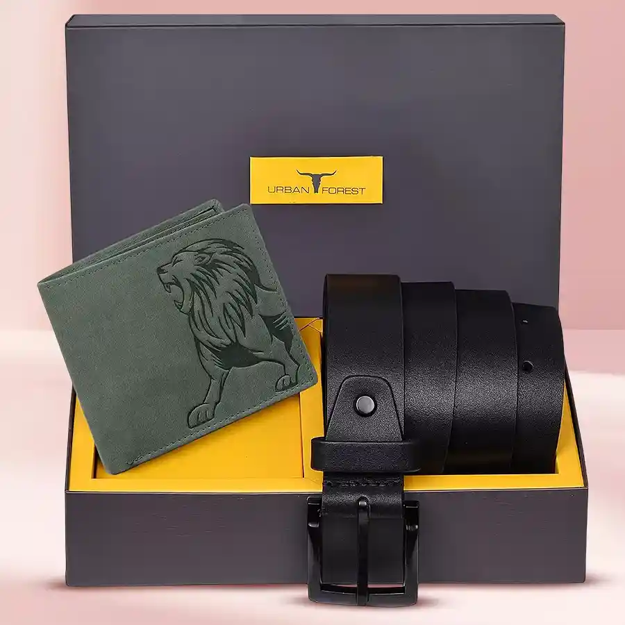 Blue leather wallet and belt gift set from Urban Forest, ideal for men.