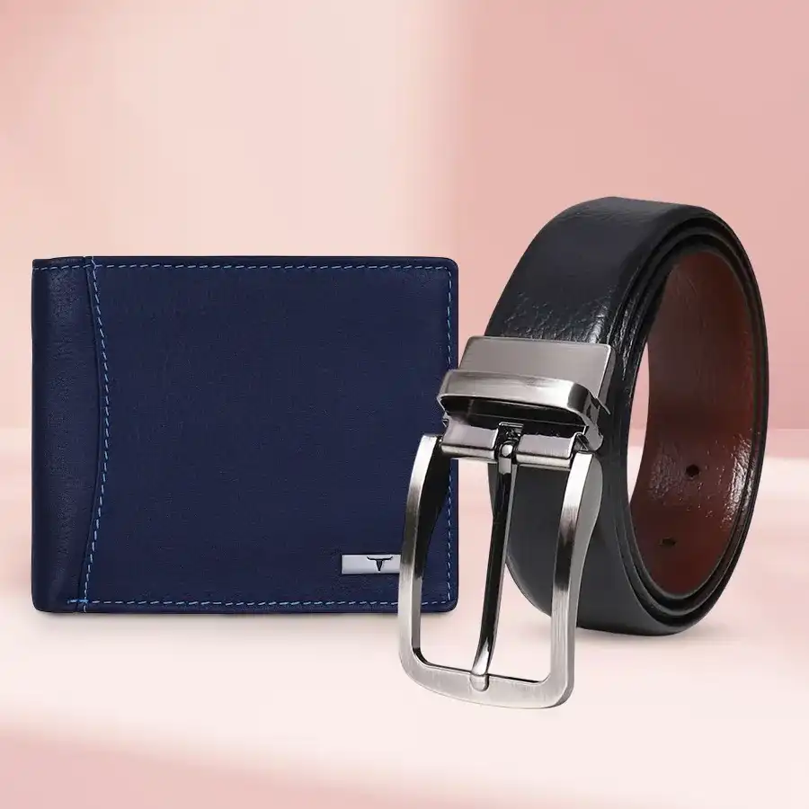Urban Forest Men's Wallet and Reversible Belt Gift Set in blue leather and black/brown reversible belt.