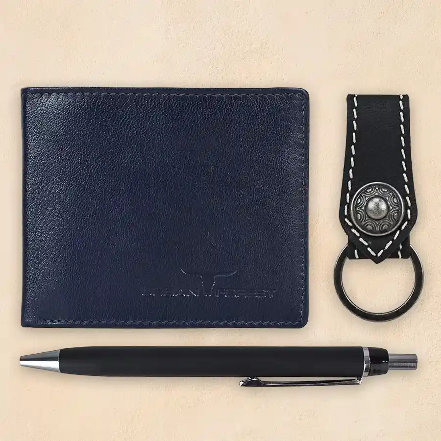 Urban Forest Mens Wallet Set with keyring and pen in black leather.