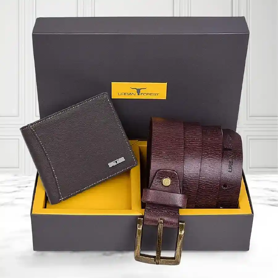 Urban Forest Men's Wallet and Belt Set in brown leather, stylish and perfect for gifting.