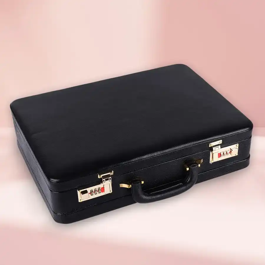Sophisticated Black Leather Briefcase for Men, featuring an expandable design and premium leather craftsmanship.
