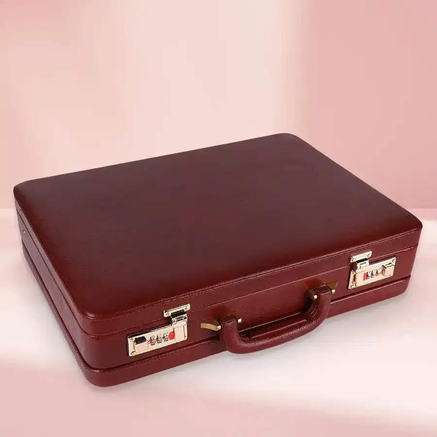 Elegant Expandable Leather Briefcase for Men in brown leather, showcasing stylish design and adjustable straps.