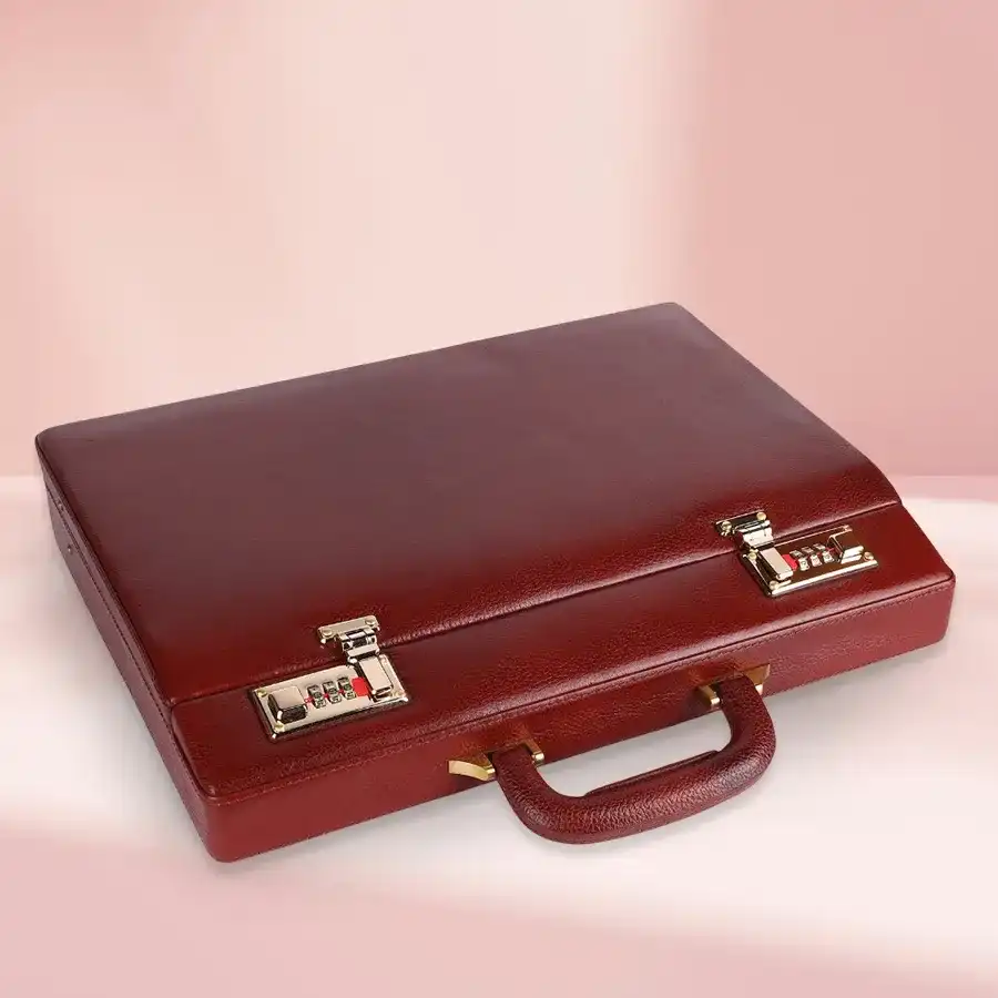 Elegant brown leather briefcase for men, featuring ample space and stylish design.