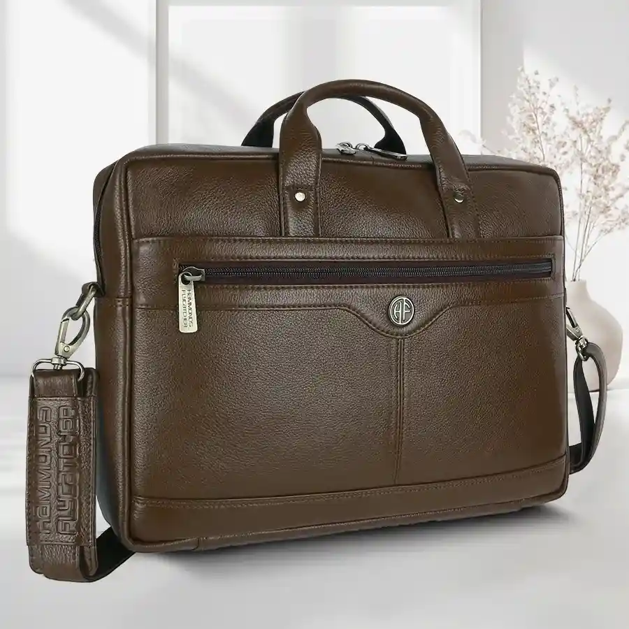 Chic leather laptop bag for men in Brushwood, designed for 14-16 inch laptops, featuring multiple compartments for organization.