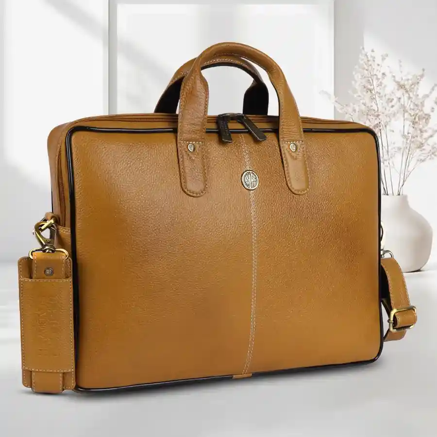 Sophisticated Leather Laptop Messenger Bag in Burlywood, designed for 14/15.6/16 inch laptops, featuring an adjustable shoulder strap and spacious interior.