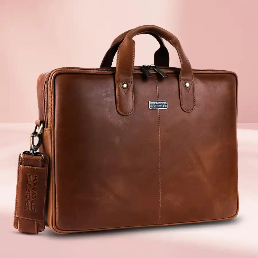 Chic Leather Laptop Messenger Bag in EXP Brown, fits 14-16 inch laptops, featuring adjustable strap and spacious interior with exterior pockets.