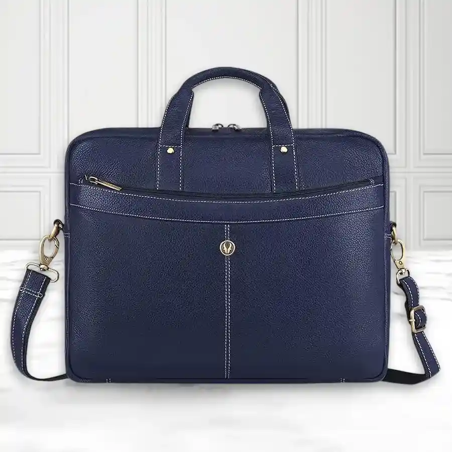Royal Blue Leather Laptop Messenger Bag for Men, designed for 16-inch laptops with multiple compartments and a 1-year warranty.