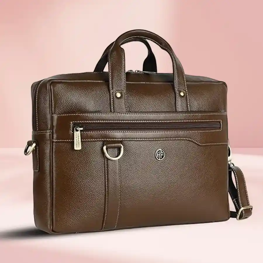 Elegant Leather Laptop Bag designed for laptops up to 15.6 inches, featuring a Brushwood finish and adjustable shoulder strap.