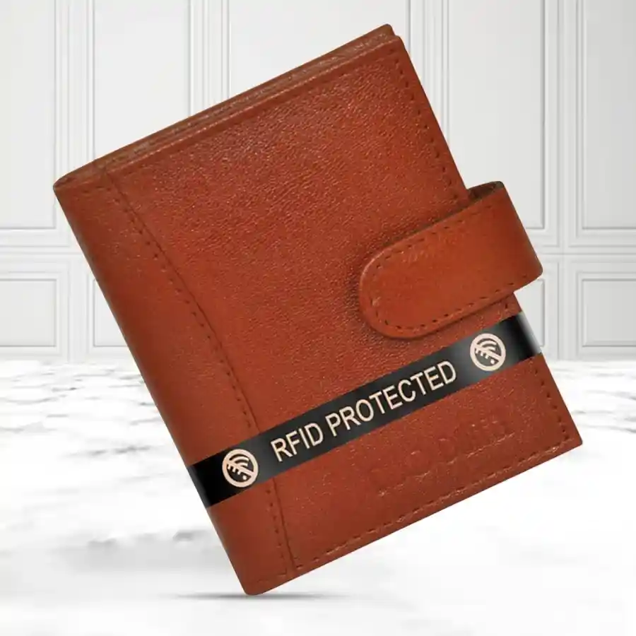 Elegant Tan Leather RFID Protected Card Holder Wallet for men and women.