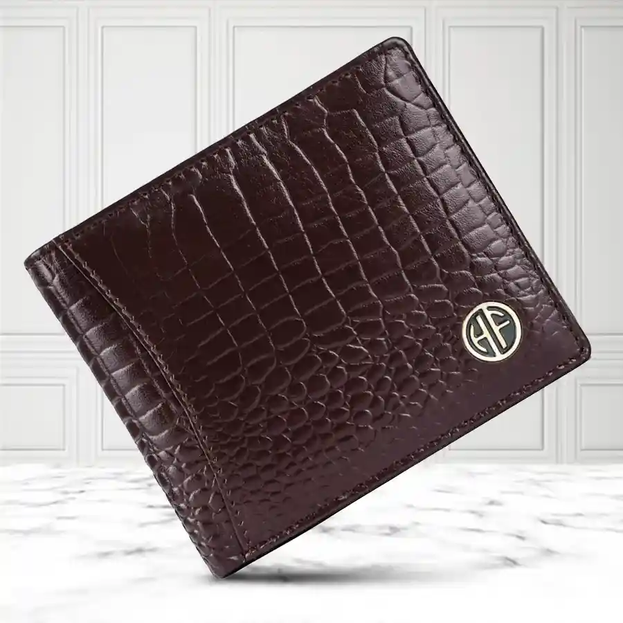 Sleek RFID Leather Card Holder Wallet in Croc Brown, designed for style and security, holding up to 8 cards with RFID protection.