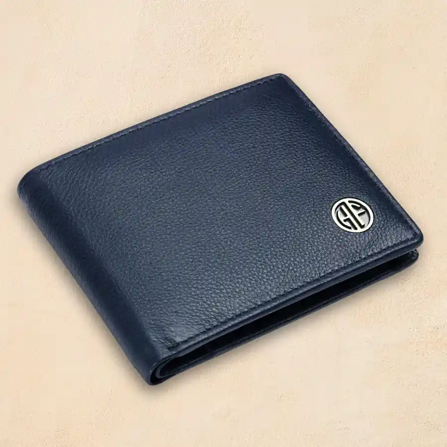 Blue RFID Protected Leather Wallet for Men with card slots.