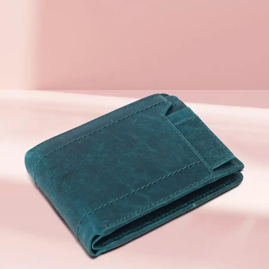 Turquoise RFID Protected Leather Wallet for Men with six card slots.