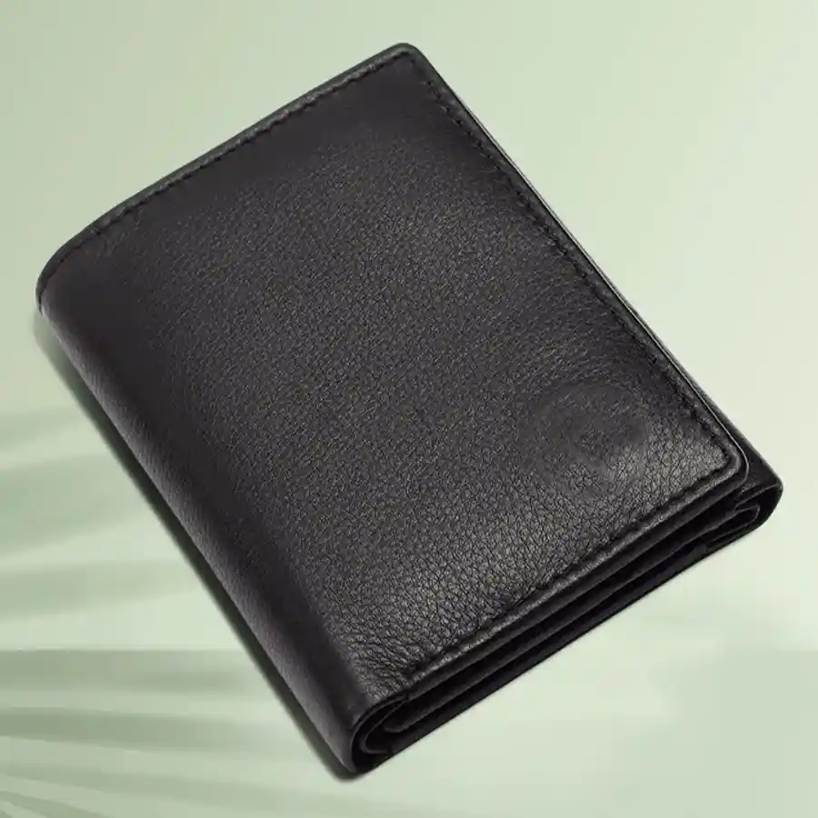 Elegant RFID Trifold Leather Wallet in Napa Black with five card slots and RFID protection.