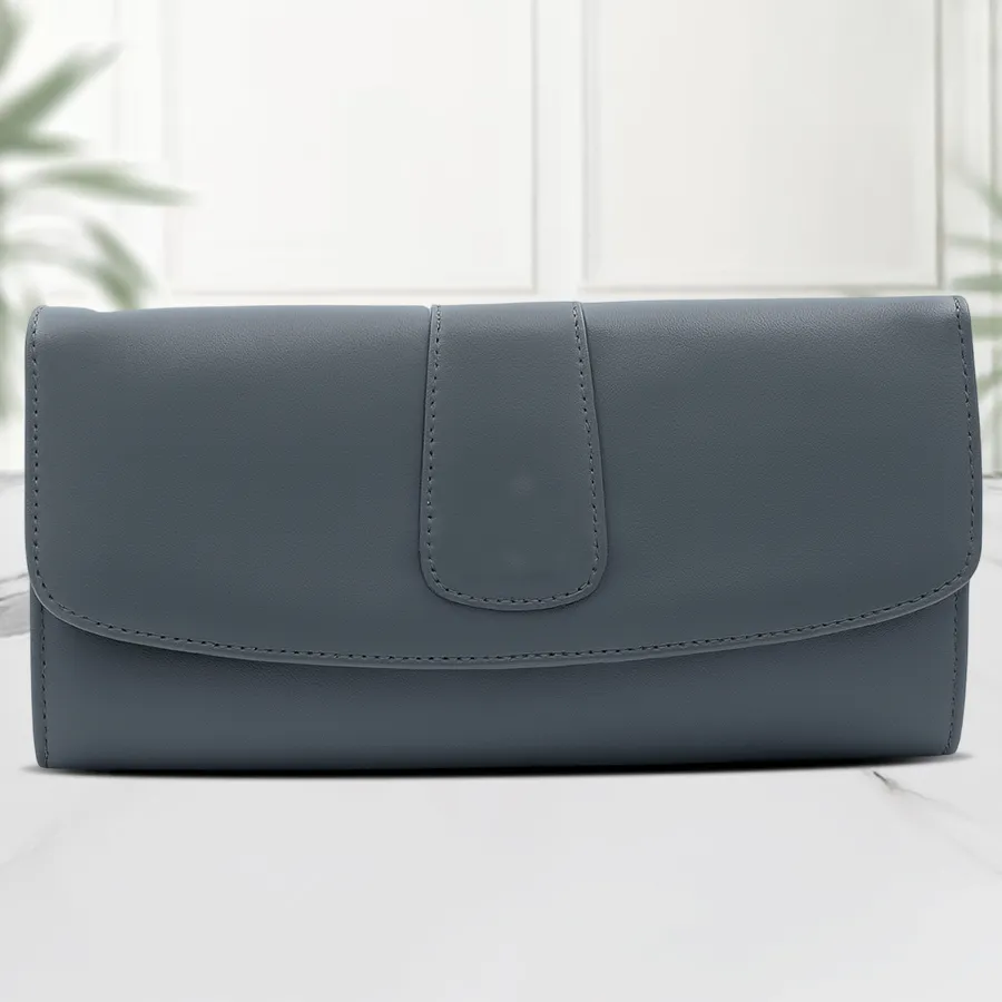 Chic grey leather handbag for women with seven pockets and a coin pouch, perfect for stylish organization.