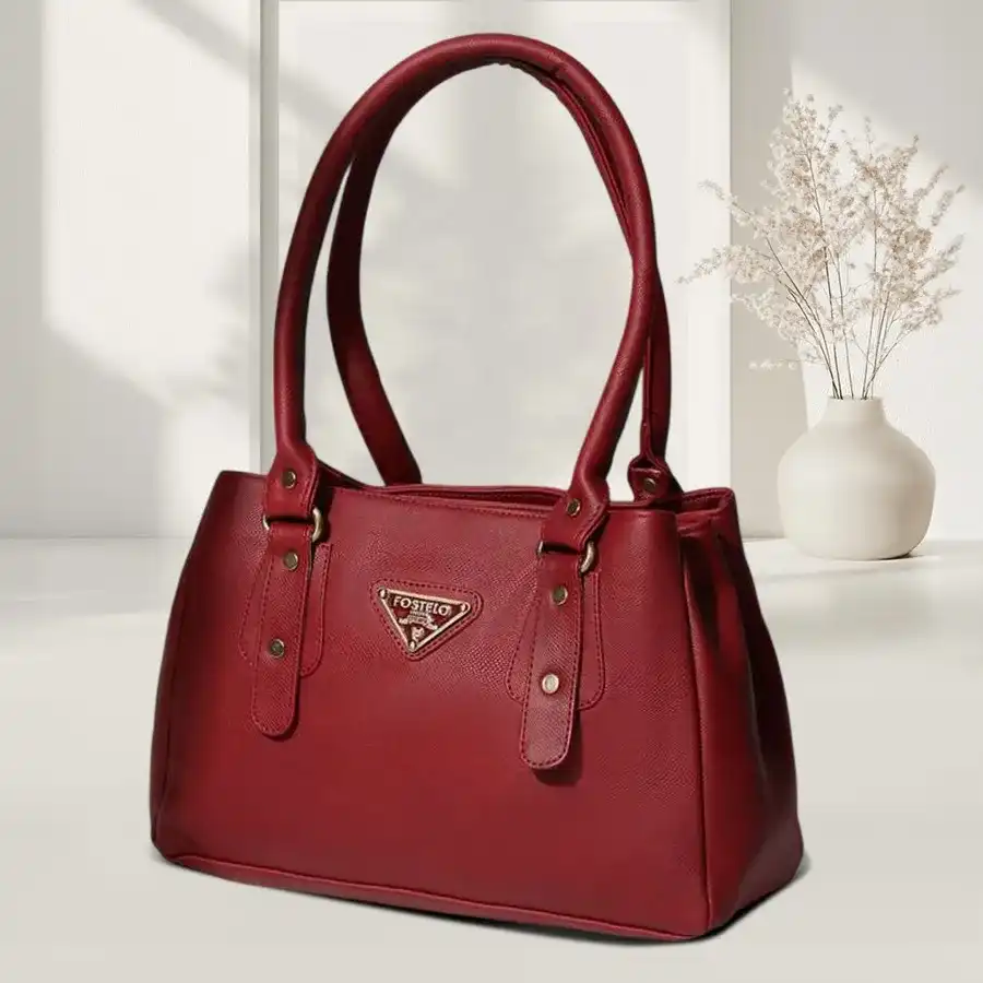 Fostelo Leather Maroon Smarty Satchel Bag for women, featuring four pockets and two compartments, made from faux leather.