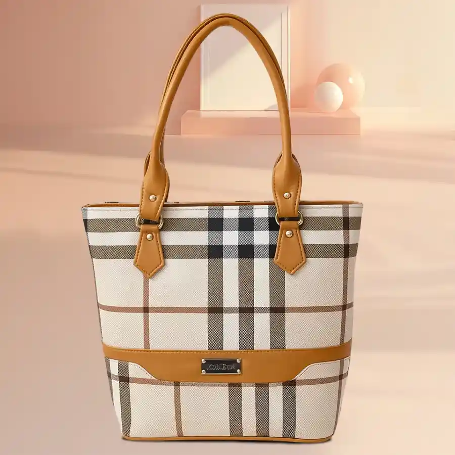 Stylish Double Partition Shoulder Bag with multicolor checkered design and brown handle, perfect for organizing essentials and enhancing outfits.