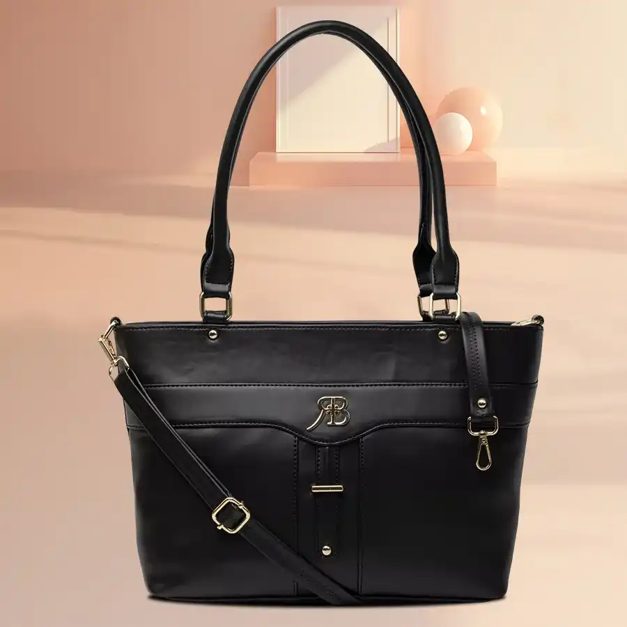Stylish black office bag for women with front zip and double partitions by Richborn.