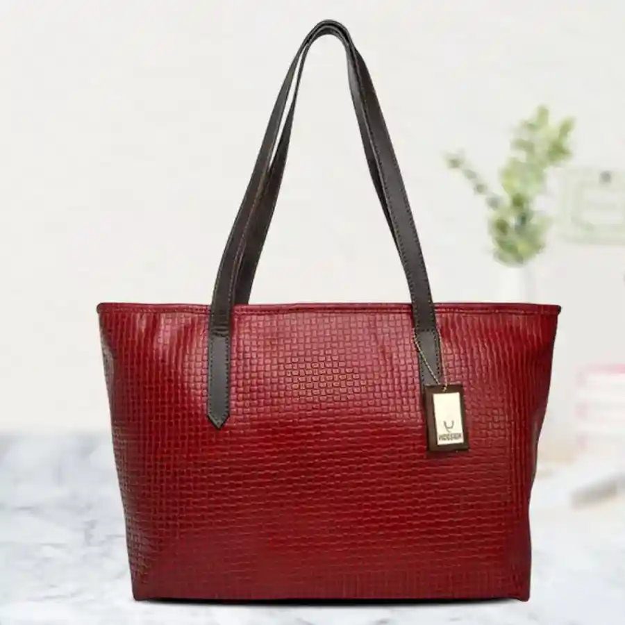 Stylish dark red vanity shoulder bag in faux leather with two compartments, perfect for ladies' fashion and gifting.