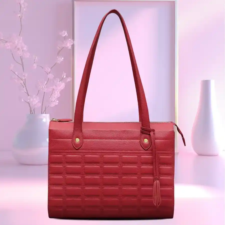 Chic red faux leather shoulder bag featuring two chambers and a front zip, perfect for stylish ladies.