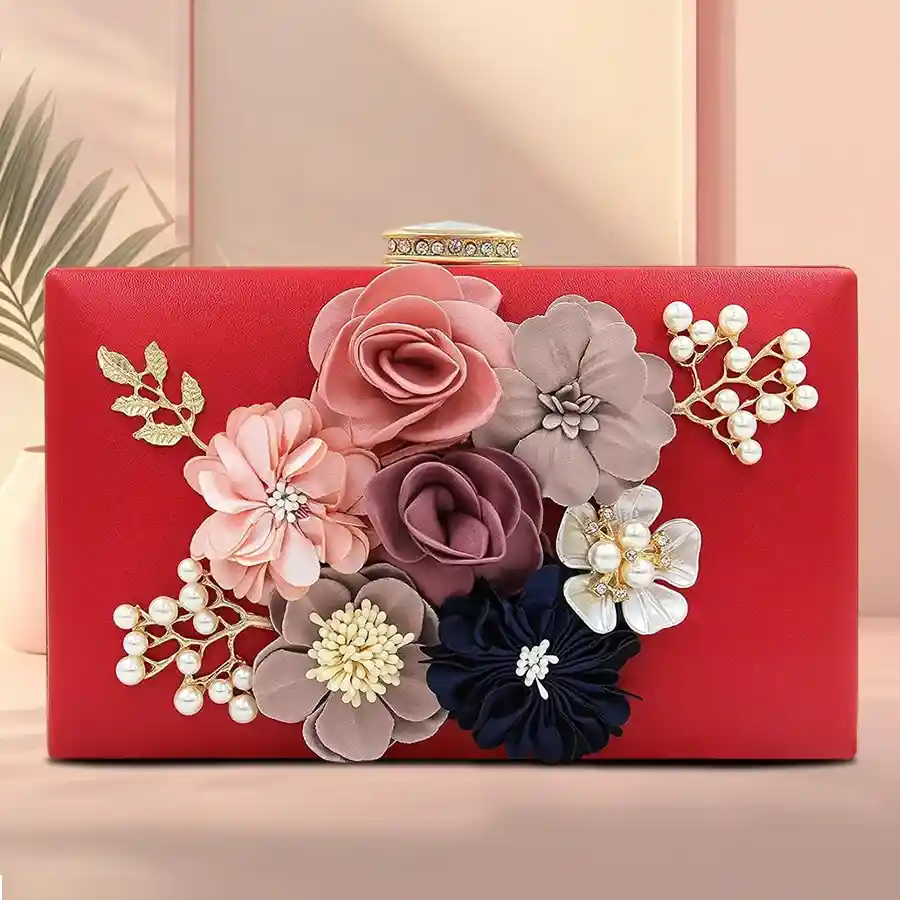 Exquisite red floral evening clutch made of faux leather, featuring delicate floral patterns and a secure clasp closure. Perfect for special occasions.