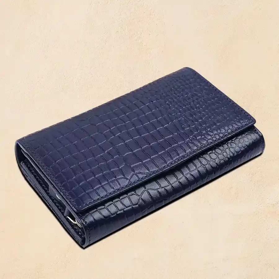 Stylish RFID Leather Ladies Purse in Blue Napa with 8 card slots and secure button closure.