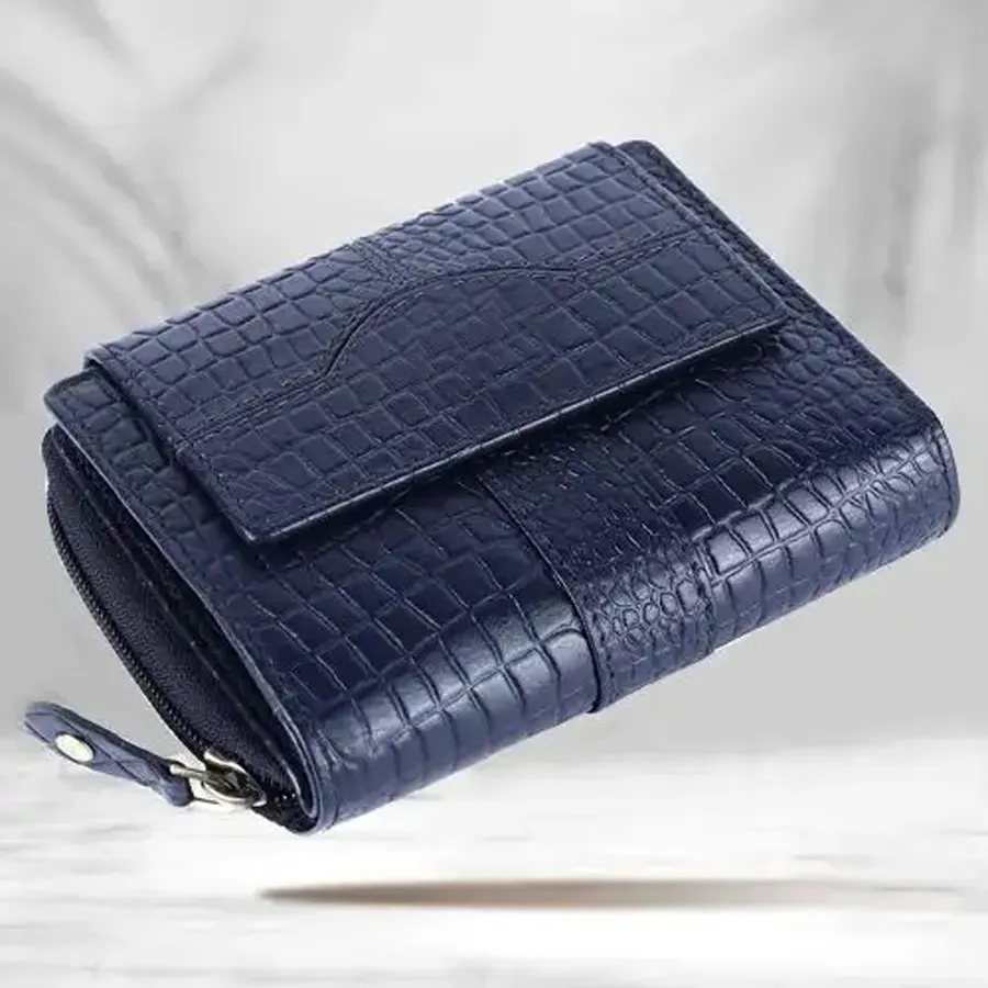 Chic RFID Leather Purse for women in Croc Blue with 14 card slots.