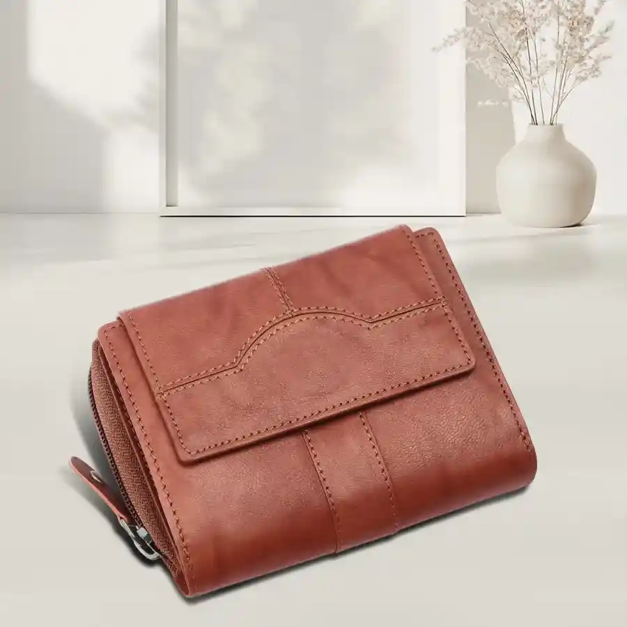 Chic RFID leather ladies purse in antique tan with 14 card slots and elegant design.