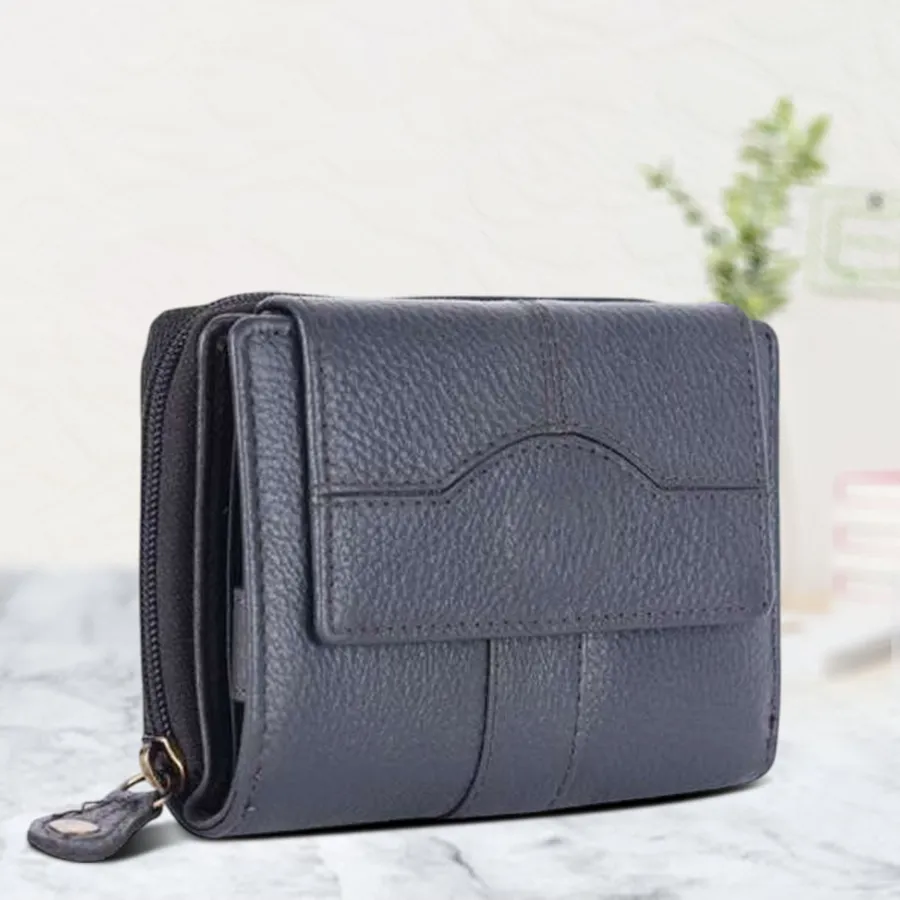 Chic Grey RFID Leather Purse with 14 card slots and secure closure.