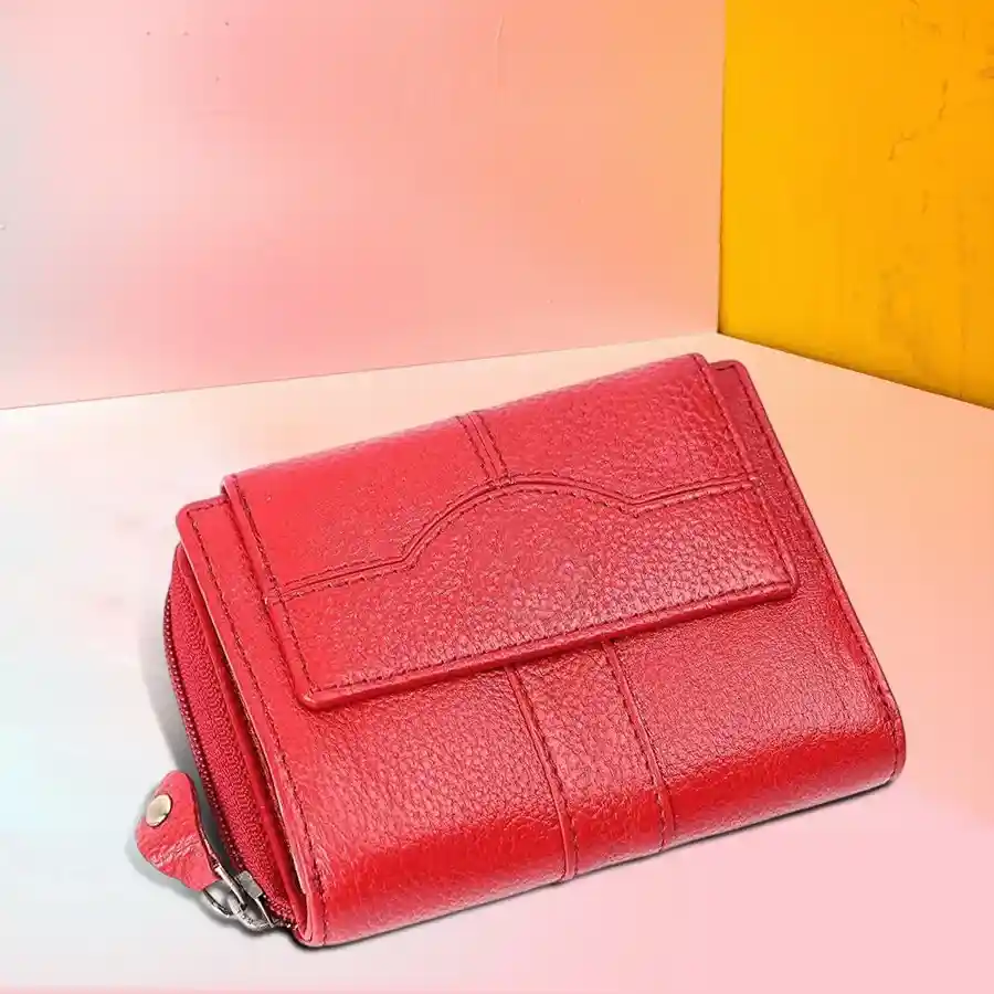 Stylish Red RFID Protected Purse with 14 card slots, crafted from premium leather.