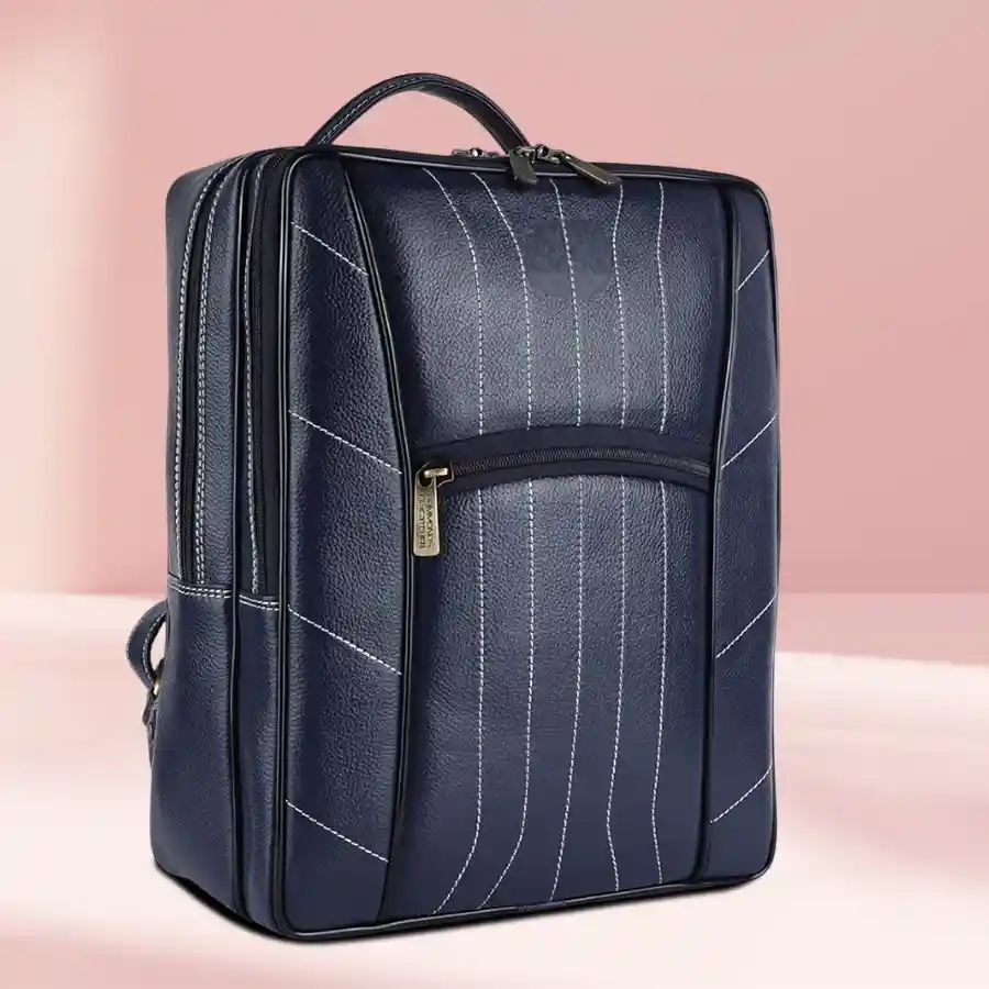 Trendy blue leather laptop backpack designed for laptops up to 16 inches, featuring adjustable straps and a spacious interior for organization.
