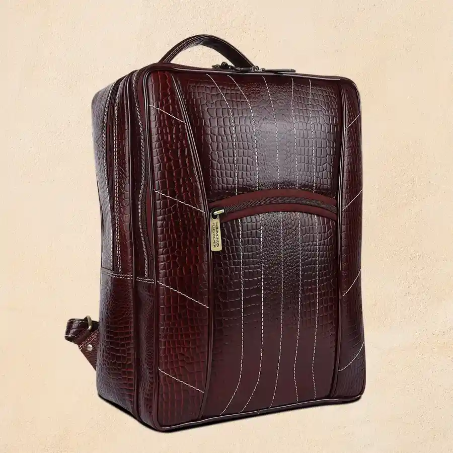 Suave Leather Laptop Backpack in Croc Brown, designed for laptops up to 16 inches, showcasing luxury and functionality.