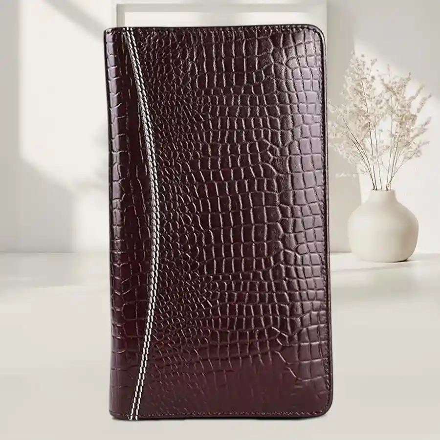 Chic Croc Brown Leather Passport Holder for travel essentials.
