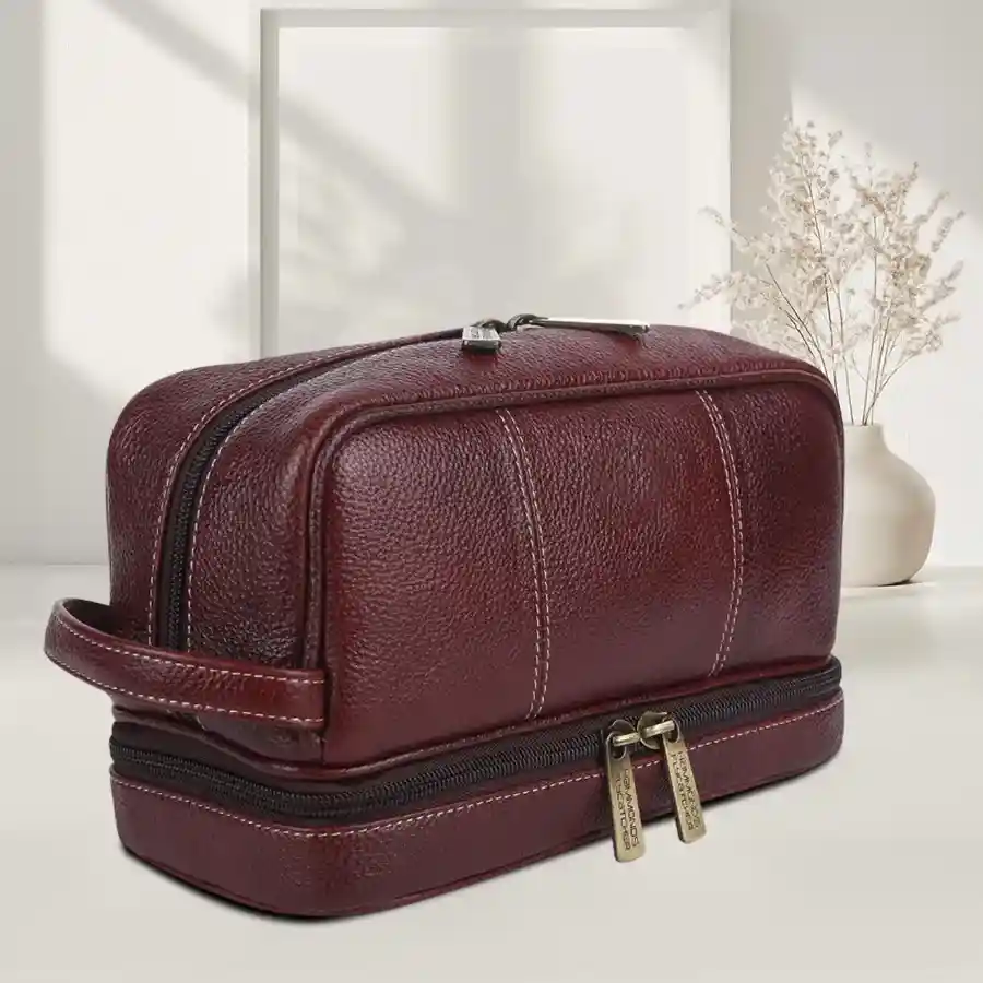 Luxury Leather Toiletry Gift Set featuring a brown leather bag for travel grooming essentials.